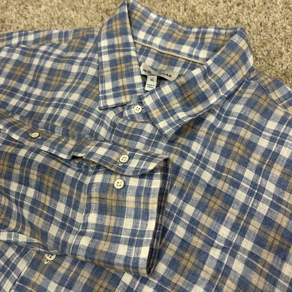 Peter Millar Shirt Button Up XL Blue Plaid Linen Seaside Commons Long Sleeve